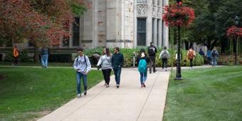 Students walking across campus